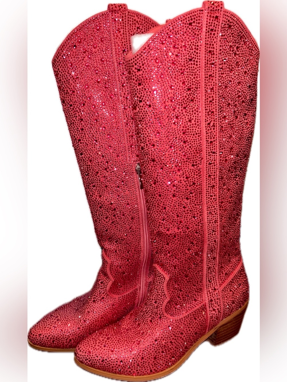 Hot Pink Rhinestone-Embellished Sparkly Cowgirl Western Chunky Heel Boots 8